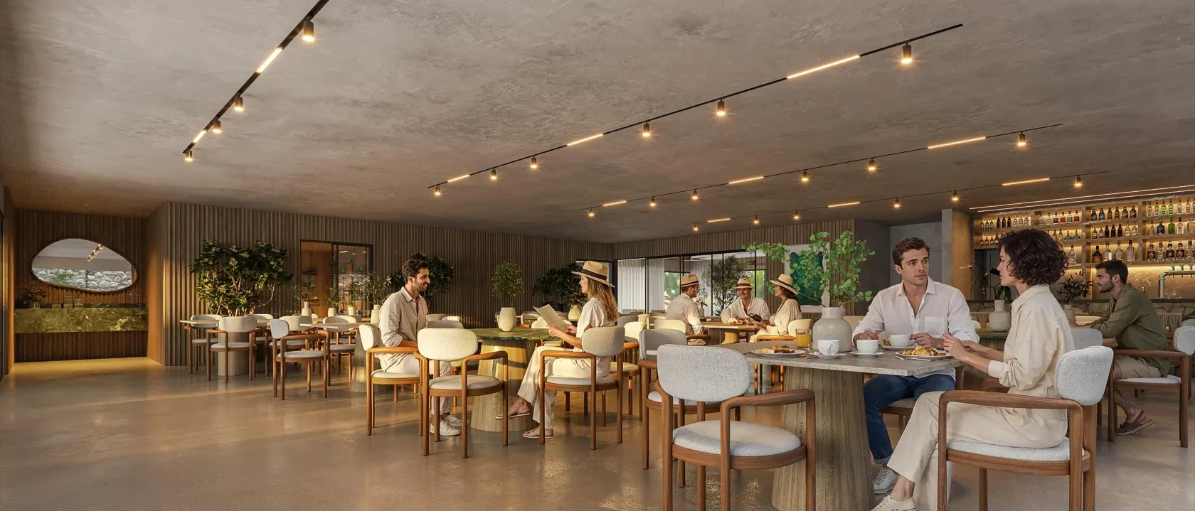 Restaurante com decoração natural e espaços amplos